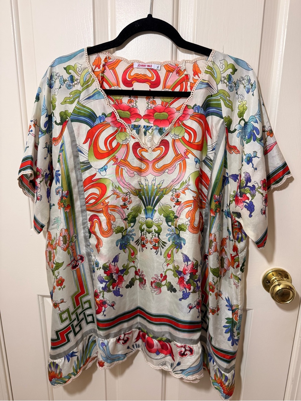 Johnny Was Multicolor Floral Silk-Blend Tunic Top - White, Red, Green, Blue